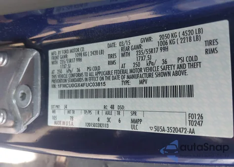 2015 Ford Escape Se from USA, damaged, VIN 1FMCU0GX4FUC03815